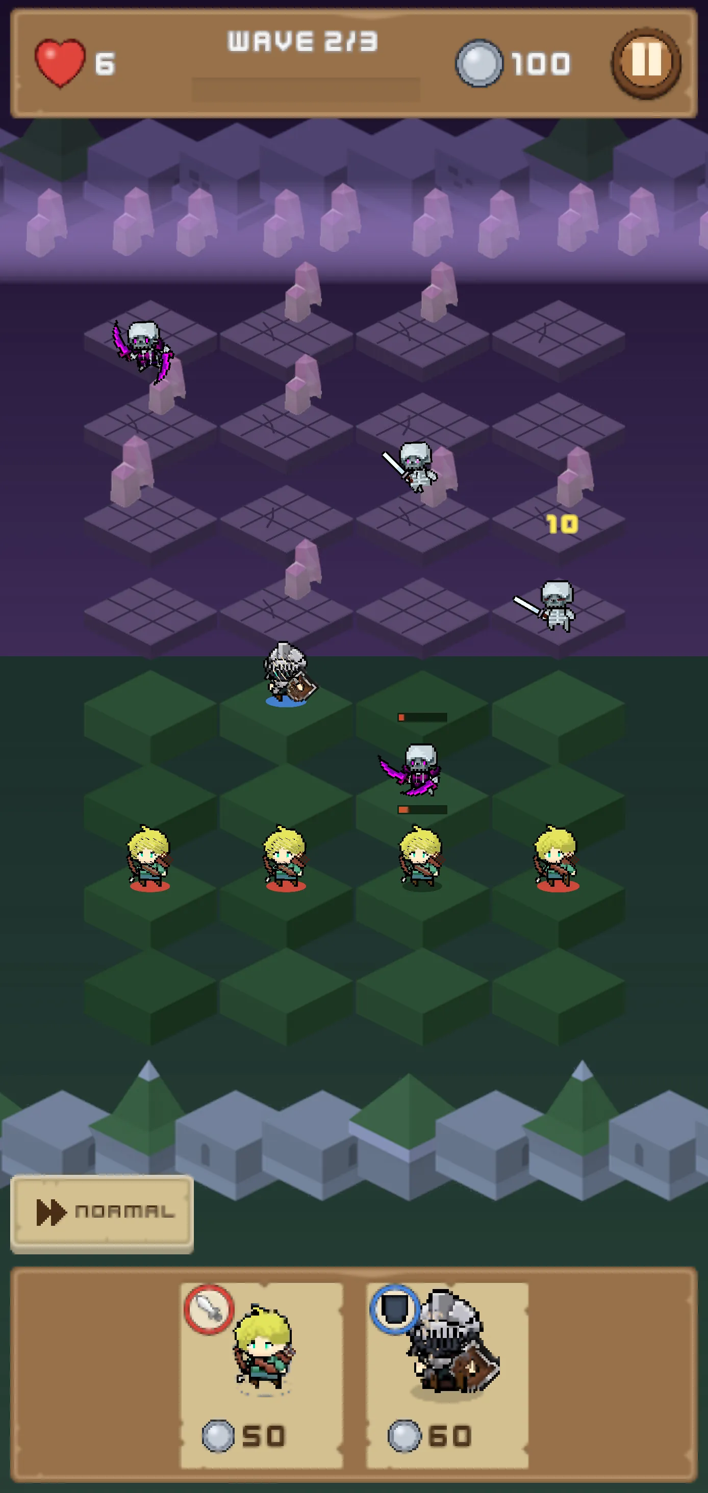 Archers and a guard hold the lanes against skeletons