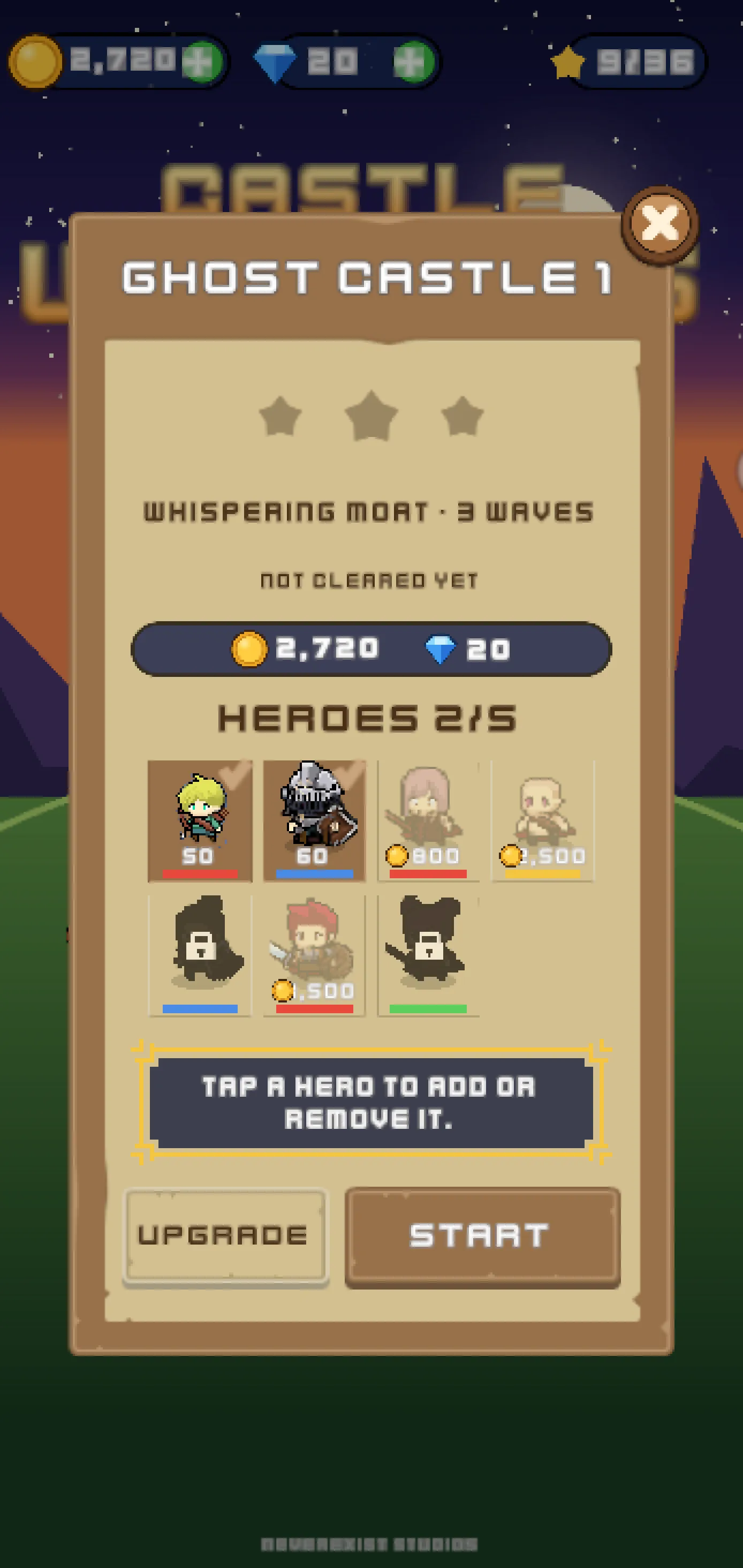 Level card: pick up to five heroes